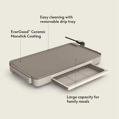 bella 12 x 22 Electric Griddle with Warming Tray, Ceramic Nontoxic, Oatmilk