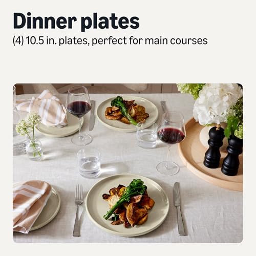 Amazon Basics Glazed Stoneware Dinner Plates, Ceramic 4-Piece Set, Microwave and Dishwasher-Safe, 10.5 in., Ivory