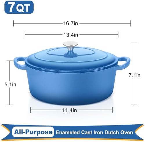 E-far 7QT Oval Dutch Oven Pot with Lid, Blue Enameled Cast Iron Dutch Oven