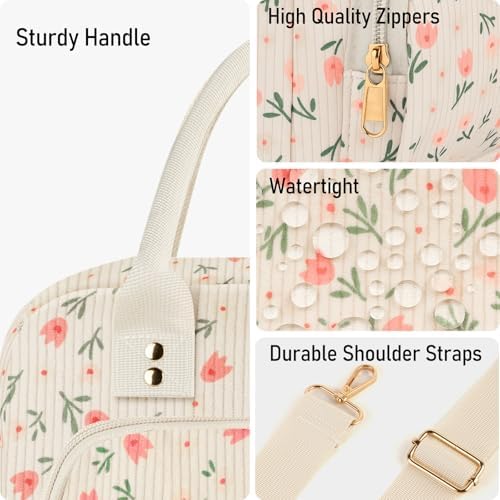 Lunch Bag Large Insulated Lunch Box for Women Men Adult Cute Pink Floral Lunchbox Corduroy Lunch Bags Boxes Pail with Shoulder Strap for Work Mom Picnic Office Travel 11.4×6.8×9.1 inches 11.5L Beige