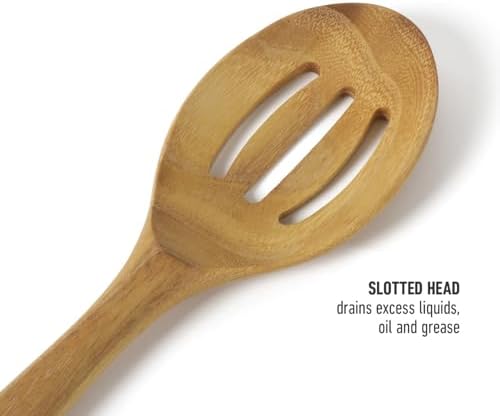 Calphalon Prime Slotted Spoon, 13-Inch Teak Wood Slotted Spoon, Kitchen Strainer Spoon for Cooking, Stirring, Draining & Nonstick Cookware, Moisture-Resistant