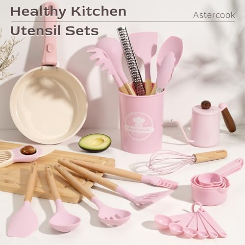 Astercook Kitchen Utensils set, 39 PCS Silicone Cooking Utensils Set with Wooden Handle, 446°F Heat Resistant Food Grade Utensil Sets, BPA Free Kitchen Gadgets Tools Set for Nonstick Cookware (Pink)