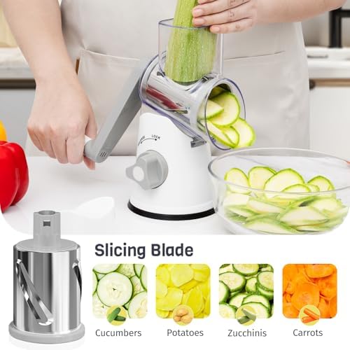 Rotary Cheese Grater Hand Crank, 3 Blades Slicer Shredder, Cheese Grater for Kitchen, Multi-Functional Kitchen Tool for Vegetables, Nuts, Chocolate, with Strong Suction Base, White