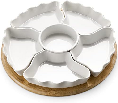 DOWAN 360° Rotatable Serving Tray and Platters, 12 Inch Divided Serving Bowls for Party, Kitchen Decor, Removable Serving Dishes for Chips and Dip, Fruit, Veggies, Candy and Snacks, 7 Pieces, White