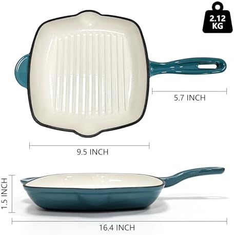 Enameled Cast Iron Square Grill Pan, Nonstick Skillet Grilling Pan (Peacock Blue, 9.5 inch)