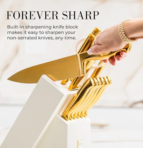 Styled Settings Gold Knife Set with Block and Sharpener, 14-Piece