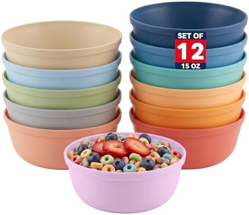 MASTERCOOK Plastic Bowls Set of 12 – 15oz Multipurpose Deep Plates Salad and Pasta Bowls Ideal for Home, Kids, Parties – Stackable Bowl for Kitchen – Non-BPA and Food Grade – Cute Colors