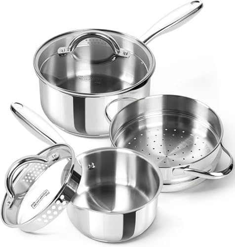 MICHELANGELO 18/10 Stainless Steel Saucepan Set with Steamer, 1QT & 2QT