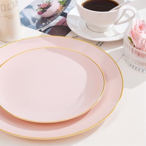 Nervure 100PCS Pink and Gold Plastic Plates - 7.5″ Disposable Salad Plates