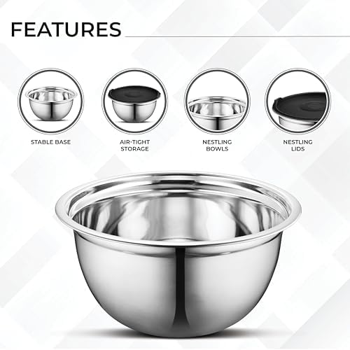 AVADOR Premium Brushed Stainless Steel Mixing Bowls Sets, Easy To Clean, Space Saving, Great for Cooking, Baking, Prepping Needs 0.25qt, 1qt, 1.5qt, 3qt, 5qt (8 pc with Lid and Grater)