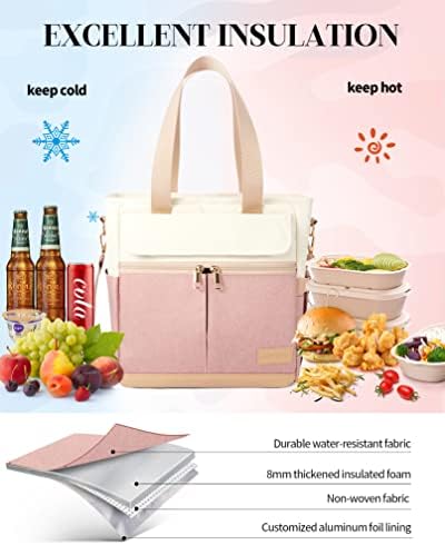 JOYHILL Lunch Bag for Women, Lunch Tote Leakproof Insulated Lunch Box with Shoulder Strap, Adult Reusable Lunch Cooler Tote Bags for Work Picnic Camping Beach (A-PINK)
