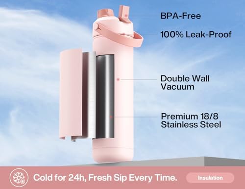POWCAN 26 oz Insulated Water Bottle: 2-in-1 Straw Spout Lid, UV-Activated