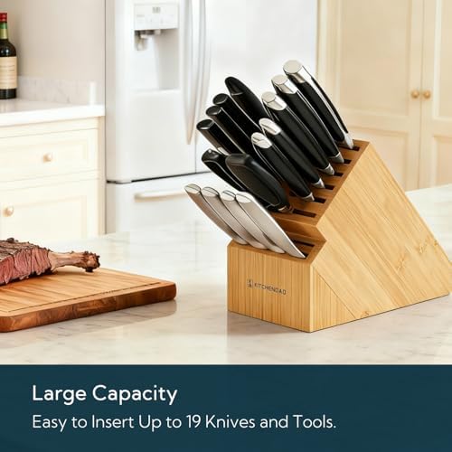 KITCHENDAO 20 Slot Bamboo Knife Block without Knives, Universal Knife Holder for Kitchen, Holding Multiple Types of Knives, Countertop Butcher Block Knife Stand for Easy Kitchen Storage