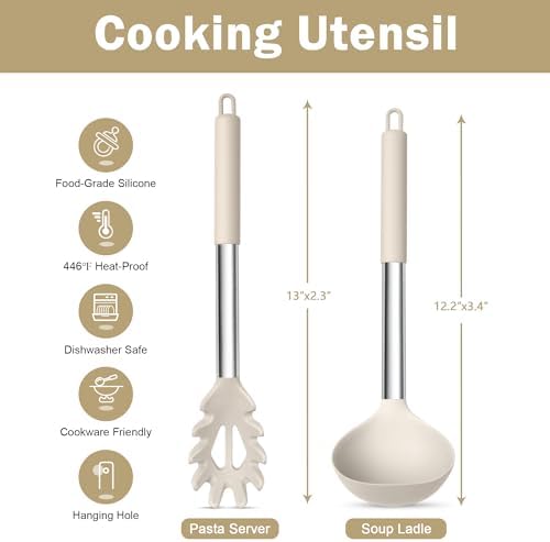 TeamFar Silicone Pasta Fork and Ladle, Nonstick Kitchen Utensils, Khaki