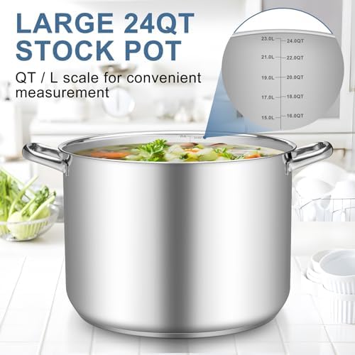 TeamFar Stainless Steel Stock Pot, 24QT Tri-ply Bottom Large Stockpot