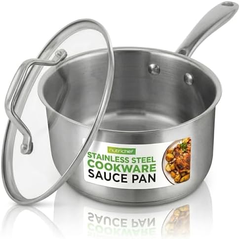NutriChef 2 Quart Stainless Steel Saucepan with Lid - Heavy Duty Pot with Ergonomic Handles, For All Cooktops
