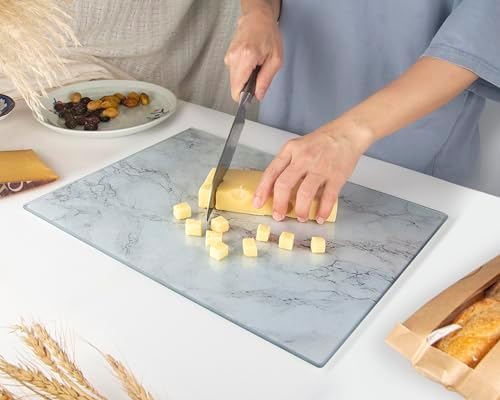 Kitchenville Glass Cutting Board 16"x12": Tempered Glass Kitchen Counter Protector - Durable- Scratch-Resistant, Heat-Proof - Design 3 - Grey Marble Effect