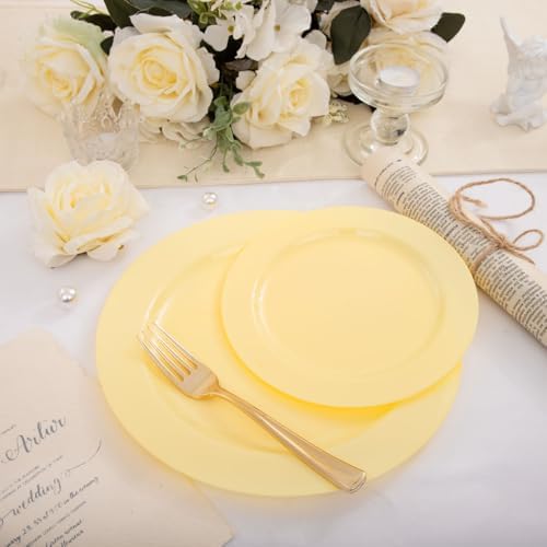 FLOWERCAT 60PCS Yellow Plates - Heavy Duty Yellow Plastic Plates Disposable 10.25inch & 7.5inch for Birthday Party/Wedding/Spring - Serve for 30 guests