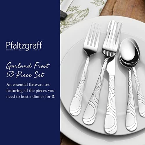 Pfaltzgraff Frost 53-Piece Flatware Set, 18/0 Stainless Steel Silverware Set for 8 with Steak Knives, Serving Pieces, Dishwasher Safe