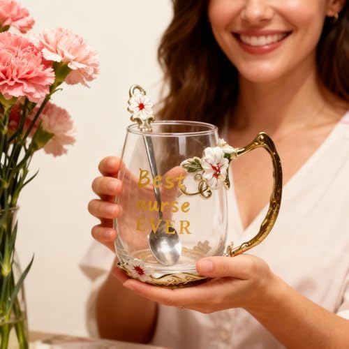 National Nurses Day Flower Glass Cup with Unique Flower Printing and Spoon - Ideal Nurse Christmas Gift (Nurse)