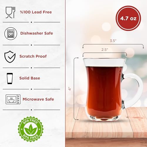 Tea Glasses with Handle Set of 12, Slim Waist Design & Thick Base, Teacups