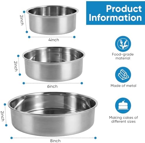 4 6 8 Inch 3-Piece Round Cake Pan Set with 150 Parchment Paper Liners, Stainless Steel Baking Pans with Handles, Includes Silicone Brush & Spatula, Layer Cake Baking Set for Cheesecake, Birthday Cake