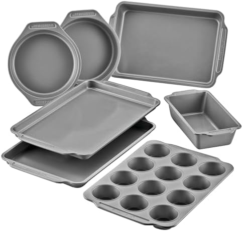 Farberware Bakeware Nonstick Baking Pans with Baking Sheets, Cake Pans, Meatloaf/Bread Pan, and Muffin Pan, 7 Piece Bakeware Set - Gray