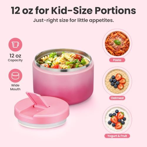 Pawtong 12oz Insulated Vacuum Food Jar with Buckle Lid Wide Mouth Soup Thermo for Hot Food Kids Leakproof Stainless Steel Lunch Container (Gradient Pink, 12OZ)