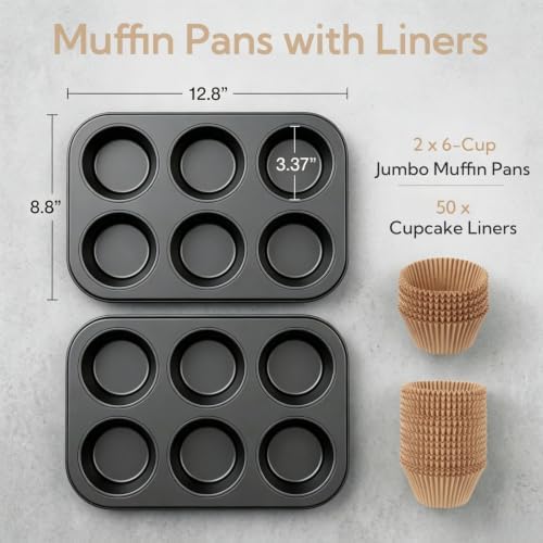 Artcochan 2 Pack Jumbo Muffin Pan with 50 Cupcake Liners, Extra Large 6 Cup Nonstick Carbon Steel Cupcake Pan, Jumbo Muffin Tin for Baking Supplies