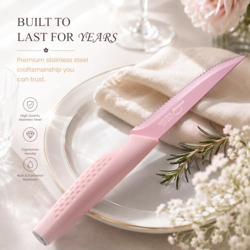 Amorston Steak Knives Set of 8 Stainless Steel Serrated Knives Pink