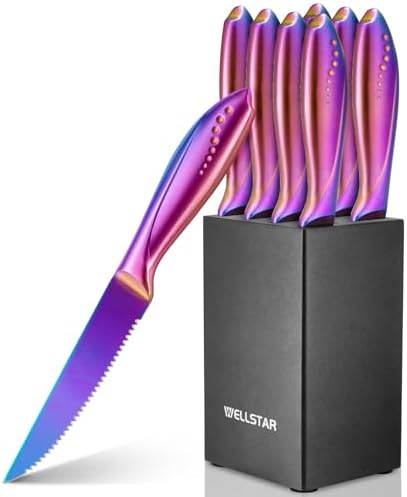 WELLSTAR Steak Knives Set of 8 with Wood Block, 4.75 Inch Rainbow Serrated Steak Knife Set, Razor Sharp German Stainless Steel with Full Tang Handle, Space Saving Steak Knife Set