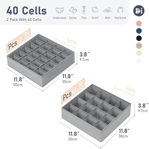 Joyoldelf Sock Organizer Drawer Organizer - Underwear Organizer, Collapsible Closet Organizers and Storage Sock Holders Organizers for Storing Socks, Ties, Belts 2 Pack(Gray)