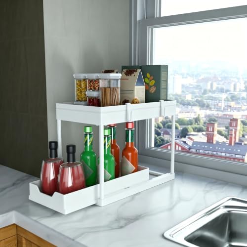 DEKAVA Cabinet, 2 Pack Under Sink Organizer, 2 Tier Sliding Bathroom Kitchen Organizer, Large White ABS Baskets, Easy Install & Clean