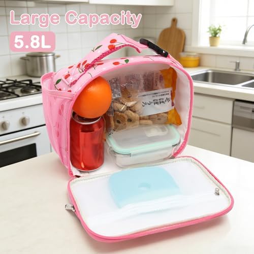 FlowFly Kids Lunch box Insulated Soft Bag Mini Cooler Back to School Thermal Meal Tote Kit for Girls, Boys,Cherry