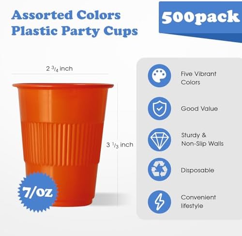 Lilymicky 500 Pack 7 oz Disposable Plastic Cup in 5 colors, Great for Party