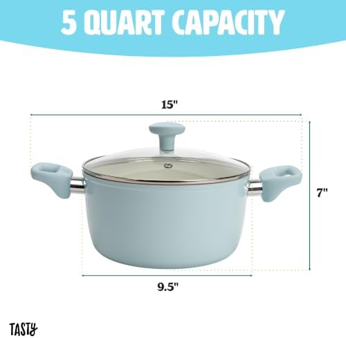 Tasty Ceramic Stock Pot with Glass Lid, Healthy Nonstick Aluminum Cookware, Dutch Oven, Soup Pot, Casserole, Made without PFAS, PFOA, PFOS and PTFE, Dishwasher Safe, 5-Quart, Aqua