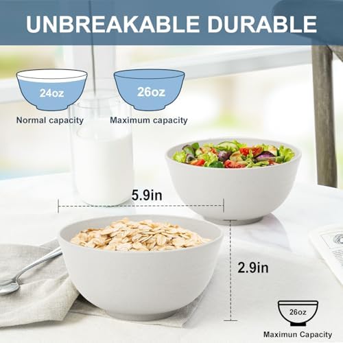 Cereal Bowls Sets of 6, Unbreakable Salad Bowl 26oz (White)