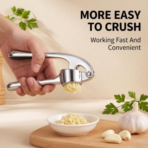 Garlic Press Stainless Steel, 2 in 1 Garlic Mincer & Herb Scissors, Dishwasher Safe Garlic Crusher, Rust Proof Garlic Smasher and Mincer Tool with Peeler and Brush for Kitchen