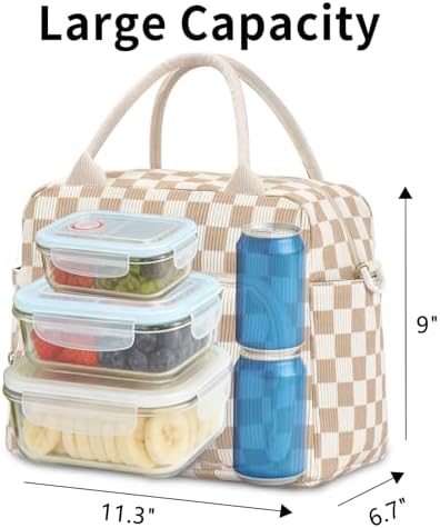 GASSDA Lunch Box for Women Insulated Lunch Bag Women Adult Cute Lunch Bags Reusable Lunchbox Cooler Tote Bag for Work Picnic (Beige-Brown Plaid)