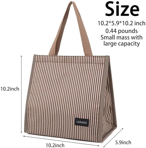 Insulated Lunch Bag for Work, 10.2"x5.9"x10.2" Oxford Waterproof Lunch Tote, Thermal Lunch Box for Office, Picnic & Outdoor, Pink and White Striped Canvas Tote Bag