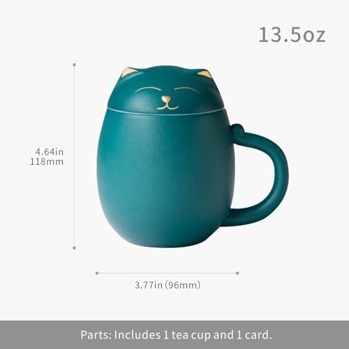 HEER Cat Ceramic Tea Mug 13.5oz with Infuser and Lid, Green