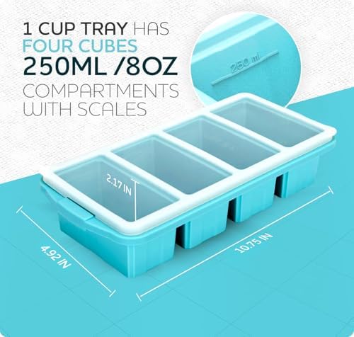 Silicone Freezer Tray With Lid - Soup Freezer Container molds - Large Ice Cube Tray- makes 8 perfect 1 cup portions cubes, 1-Pack Freezer Storage Food Soups & Meal Prep - Oven & Dishwasher -Safe