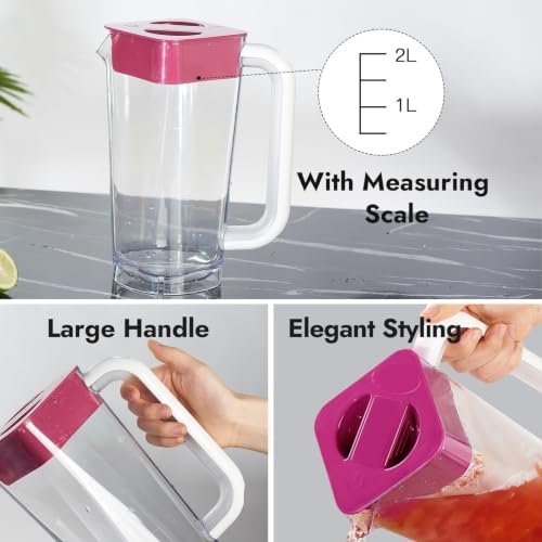 CURTA 2 Pack 2 Liters/68 oz Plastic Pitcher with Lid & Handle for Kitchen,ICED JUICE and Coffee Carafe Beverage Serveware, Acrylic Water Jug for Hot/Cold Drinks&lemonade
