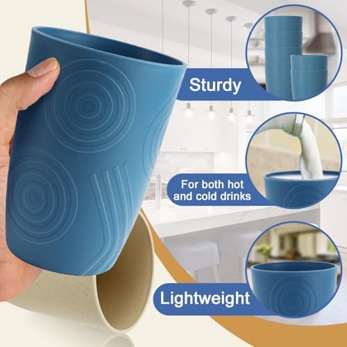 16oz Water Tumbler, Plastic Cups Set of 6, Wheat Straw Cups - Blue