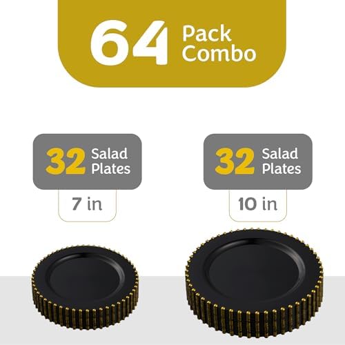 PLASTICPRO 64 Piece Combo Plastic Dinner Plates Disposable Plastic Fancy Heavy Duty Party Dishes 7 inch and 10 inch, Black and Gold Beaded