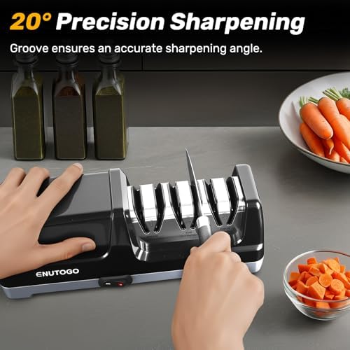 Enutogo Knife Sharpener, 3-Stage Electric Knife Sharpener for Kitchen Knives, 100% Diamond Abrasive with Quick Sharpening & Polishing, Professional Sharpening Tool with Metal Dust Collection Box