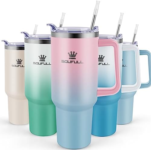 Soufull 40 oz Tumbler with Handle and Straw Lid, 100% Leak-proof, PinkBlue