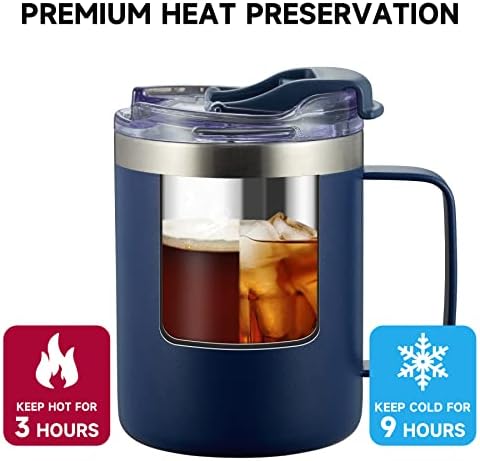 12oz Stainless Steel Insulated Coffee Mug with Handle, Double Wall Vacuum Tumbler Cup with Fliping Lid, Navy, 2 Pack