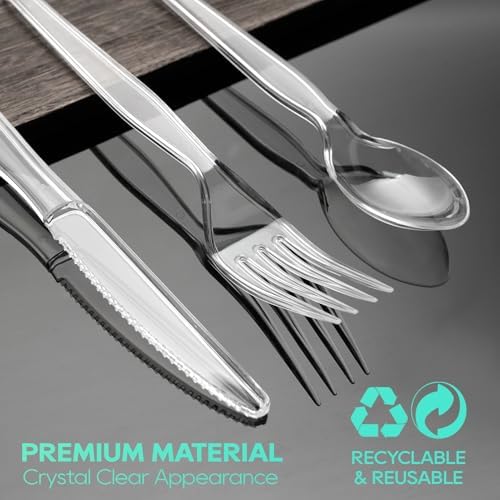 FOCUSLINE 540 Clear Plastic Silverware, Heavy Duty Disposable Cutlery Set