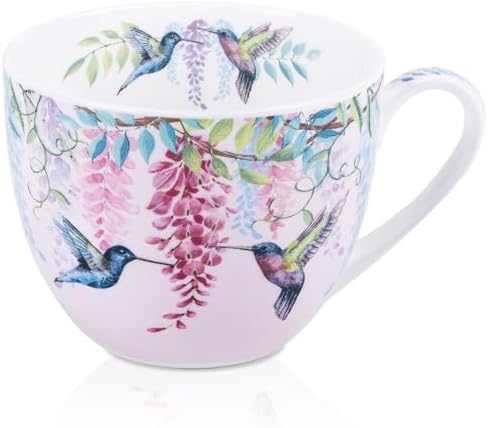 Spring Hummingbird Hug Mug - 20oz Pink Bone China Coffee Tea Mug with Floral Vine & Fluttering Hummingbirds, Thoughtful Gifts for Mom Women Mothers Day, Designed in England by Harvest Green Studio